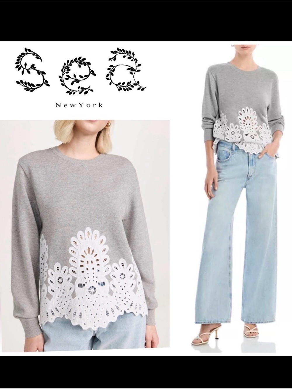 SEA New York Cassidy Eyelet Panel Sweatshirt Pullover Top - Picture 10 of 10